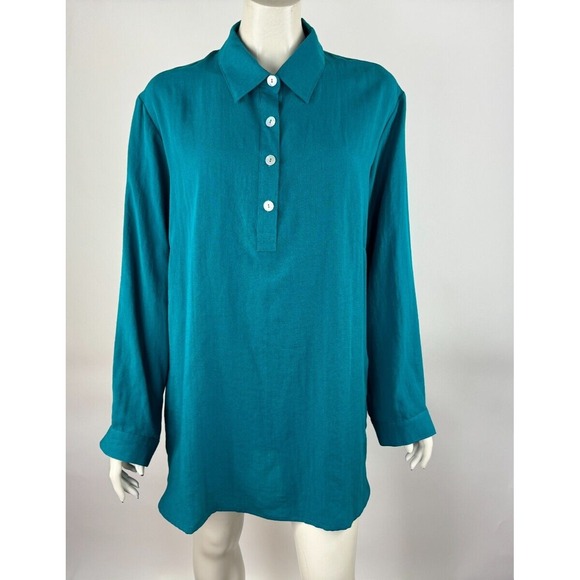 Fridaze Washable Linen Tunic Top Women 1X EUC Collared Long Sleeve Pockets Blue - Picture 1 of 13